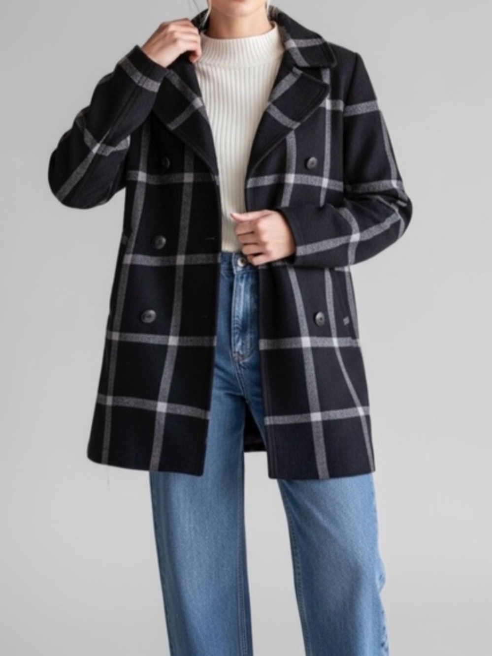 GAP WOMEN'S Black & Gray Plaid Double-Breasted Wool Peacoat Size XS